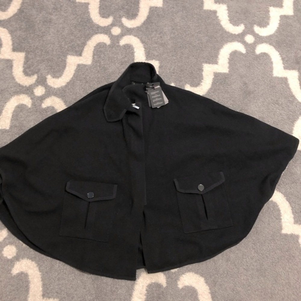 Massimo Dutti black sweater knit zip front‎ mock neck swing cape Size Small new